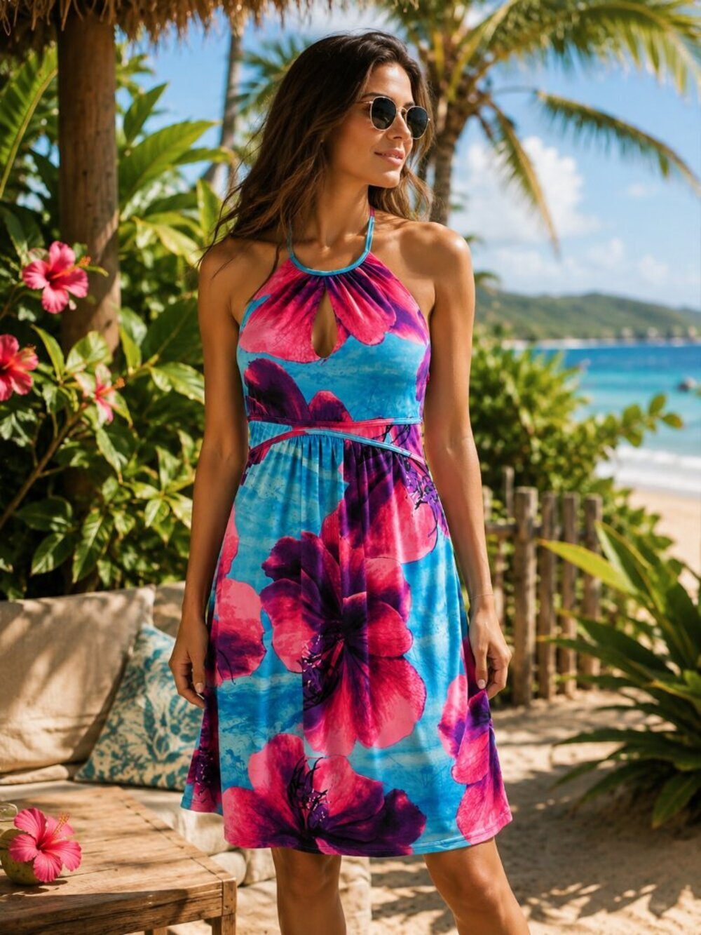 Tropical Floral Halter Dress S/M - Wrinkle-Free Resort Beach Vacation Midi TOP